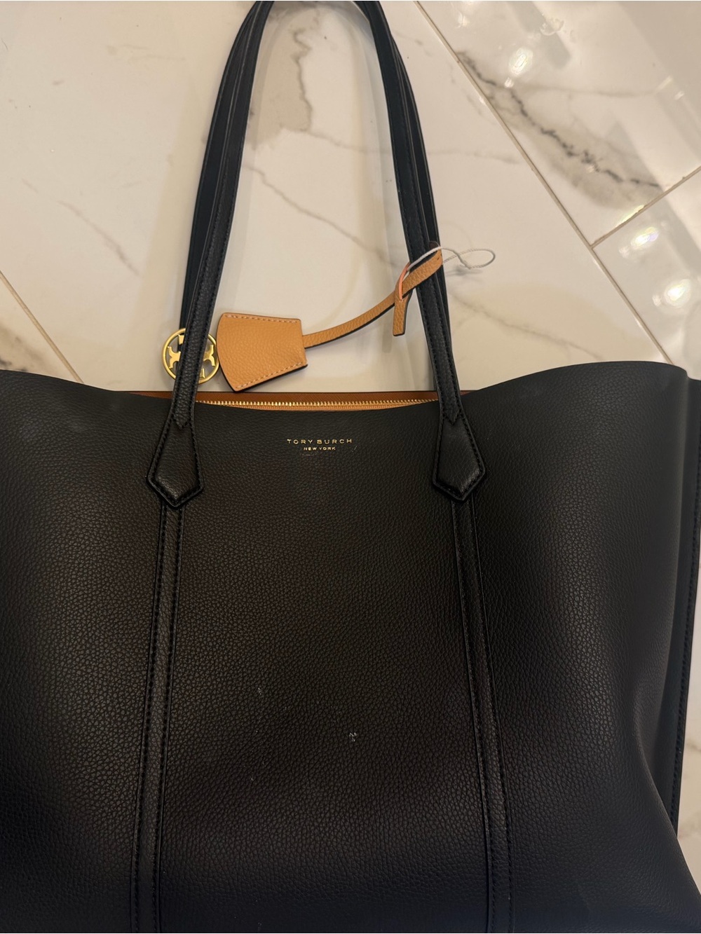 Tory Burch Black Leather Tote with Tan Tag and Gold Logo